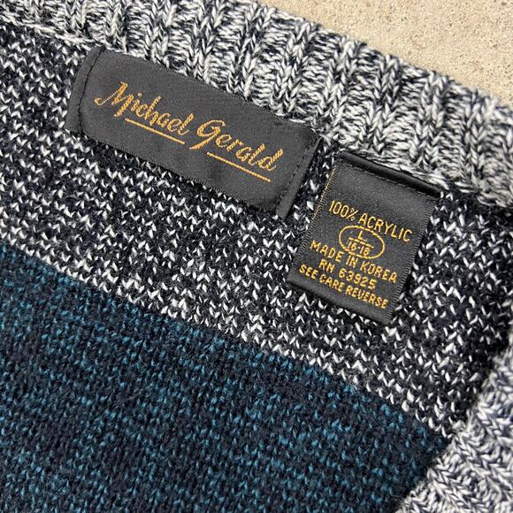 Vintage Michael Gerald Geometric Knit Pattern Cardigan Sweater Teal Purple Gray - Picture 2 of 5